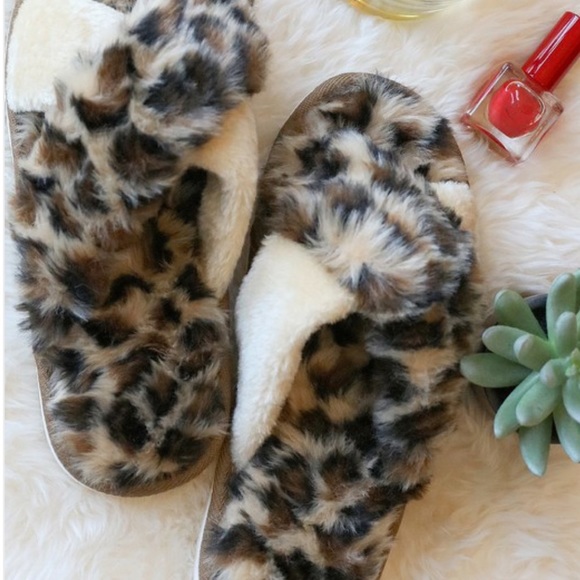 Fur Leopard Slippers Brown & Tan - Picture 4 of 10